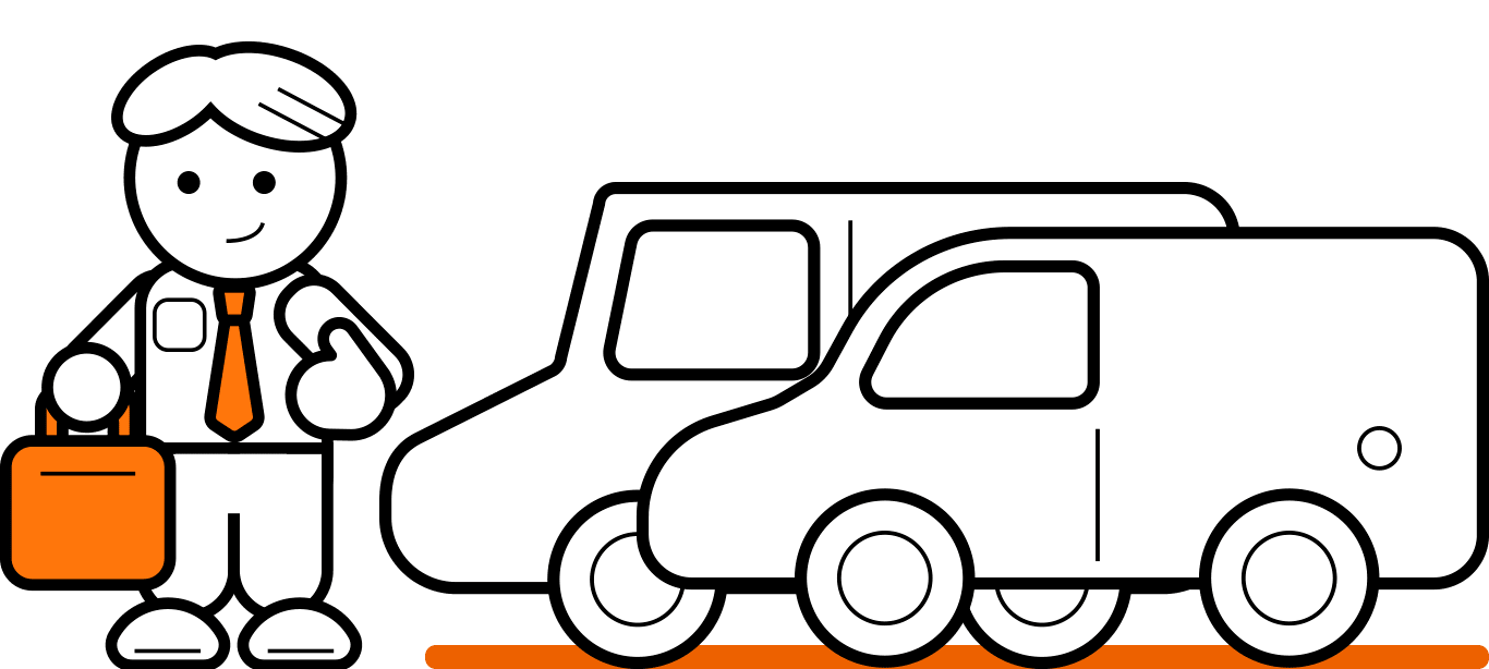 Business man holding a briefcase stands next to two commercial van vehicle, representing business fleet insurance. 